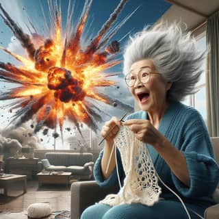 an elderly woman is knitting a sweater in front of a bomb