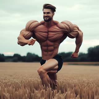 with a huge bodybuilde running in a field