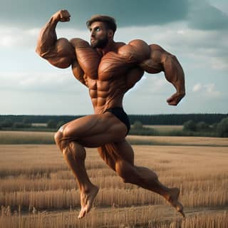 with a muscular body is running in a field