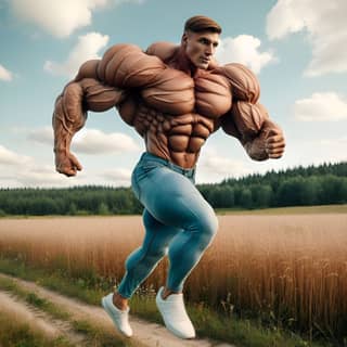 a muscular man running in the field