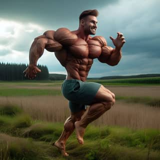 Un hombre musculoso corriendo en un campo.