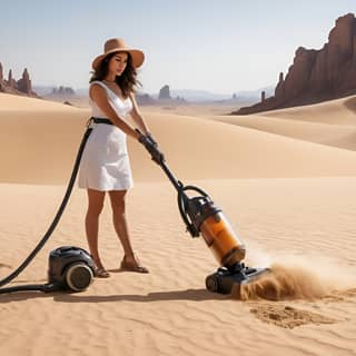 in a hat and white dress is using a vacuum in the desert