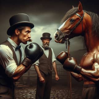 two men in top hats and suits are boxing with a horse