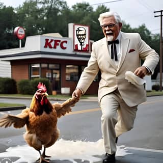 in a suit and tie holding a chicken