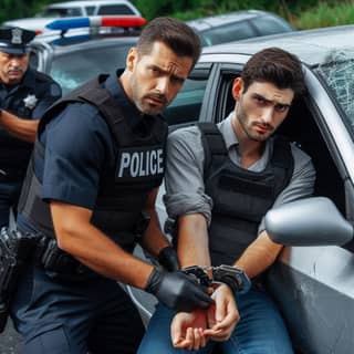 two police officers holding hands with in a car