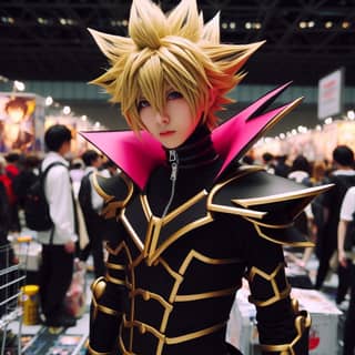 Sebuah karakter pria ber-cosplay dengan kostum hitam dan pink.