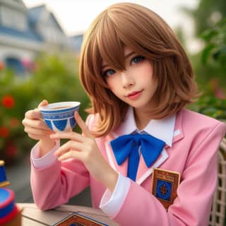 a girl in a pink uniform holding a cup of tea