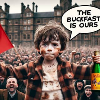 a boy holding a bottle of beer and a sign that says the buckfast is ours