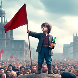 boy holding a red flag in front of a crowd