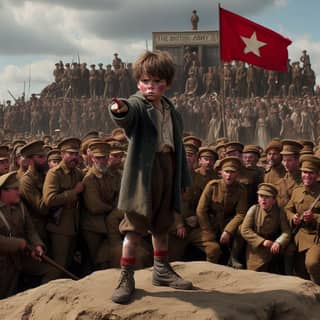 boy in a red uniform stands in front of a crowd of soldiers