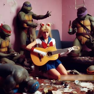 in a costume playing a guitar with a group of turtles