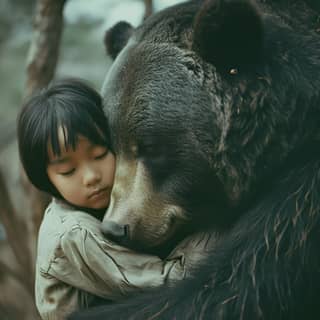 girl hugging a large black bear