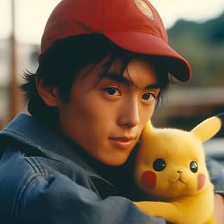 in a red cap holding a pikachu