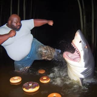 in a shark costume is fighting a shark