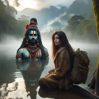 Seduto nell'acqua con una statua di lord Shiva.