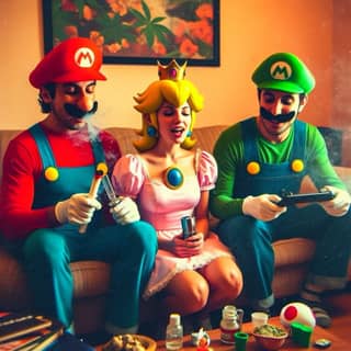 three people dressed as mario, luigi and princess peach