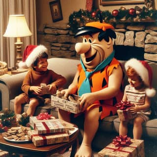 two children sitting on a couch with presents