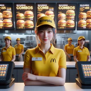 in a yellow uniform stands in front of a mcdonald's counter