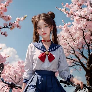 a girl in a school uniform standing next to a bike