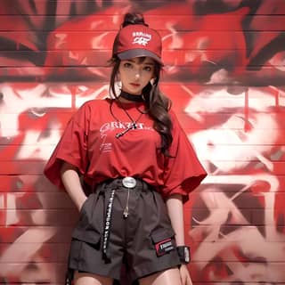 in a red shirt and shorts standing in front of a graffiti wall