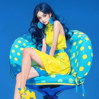 in a yellow dress sitting on a blue chair