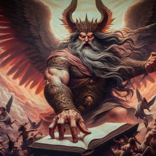 Um anjo gigante segurando um livro.