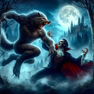 Dracula e il lupo mannaro nel bosco.