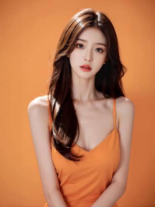 in an orange dress