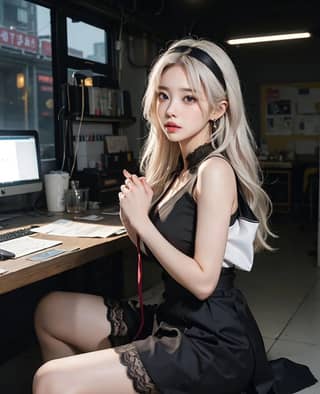 in a black dress sitting at a desk