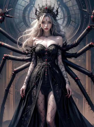 in a black dress with spider legs