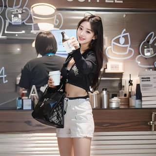 in a black top and white shorts standing in front of a coffee shop