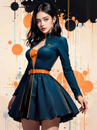 in a blue dress and orange belt