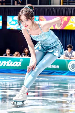 in a blue dress skating on ice