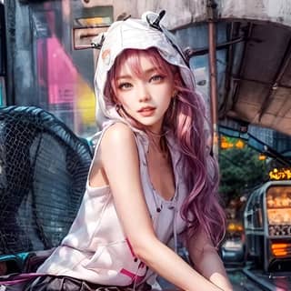 a girl with pink hair sitting on a bench