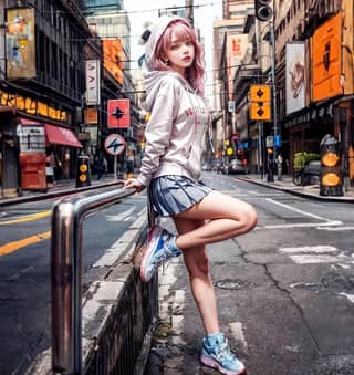 a girl in a pink wig and shorts posing on a street