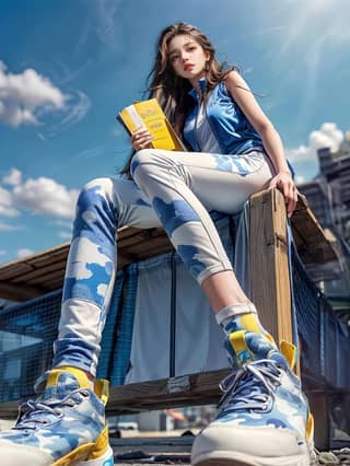 a girl sitting on a bench with a book and sneakers