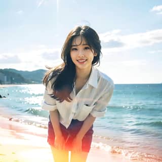 a girl in a white shirt standing on the beach