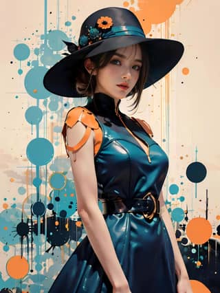 in a hat and dress with a blue background