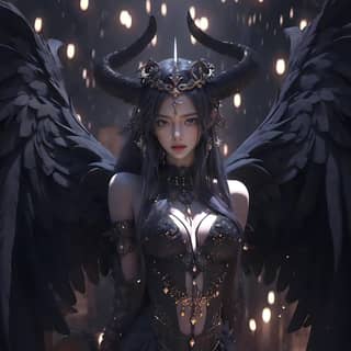 with horns and a black dress standing in the dark