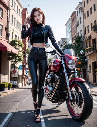 in leather pants standing next to a motorcycle