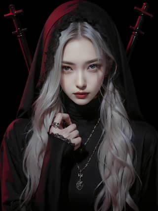 with long white hair and a black hood