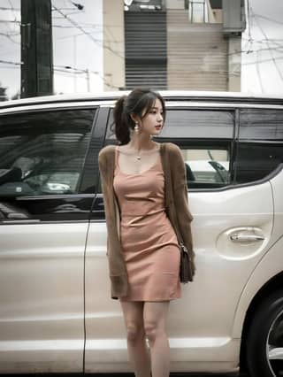 in a pink dress leaning against a car