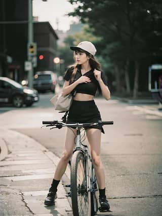 in a short skirt and a hat is riding a bike