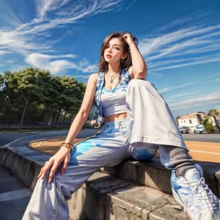 sitting on a bench with a blue sky background