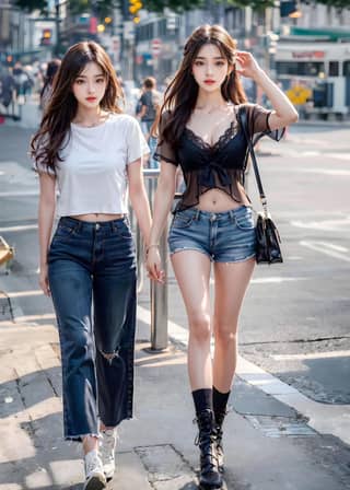 two young women walking down the street together