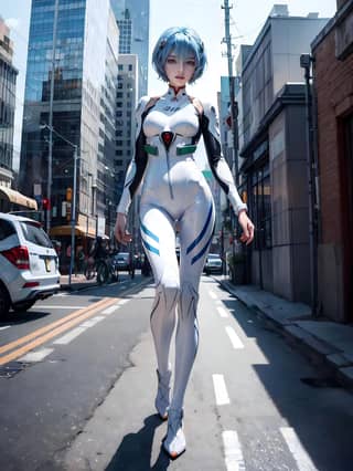 Una persona con un traje blanco y cabello azul está caminando por la calle.