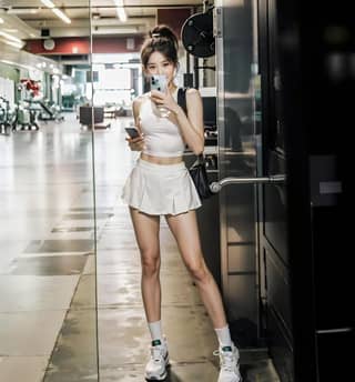 in white tennis skirt and white sneakers is standing in front of a mirror