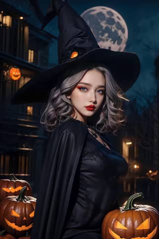 in a witch costume holding pumpkins