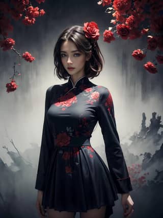 woman in a black dress with red flowers