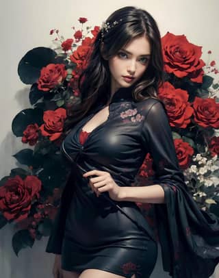 woman in a black dress and red roses